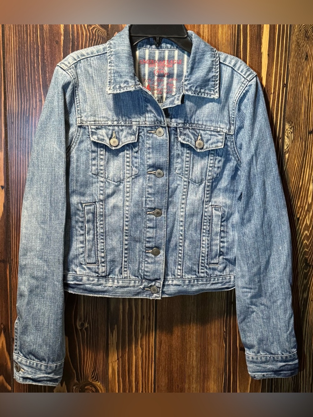 Vintage American Eagle Denim Jacket Womens Medium Blue Distressed Button Trucker